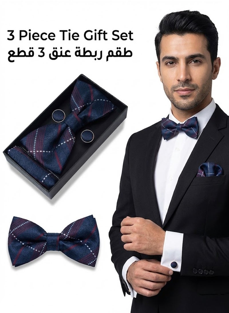 فوريكاسا طقم هدايا رجالي 3 قطع - ربطة عنق (بو تاي) جاكار باللون الكحلي مع خطوط حمراء ونقشة شبكية بيضاء، مع أزرار أكمام ومنديل جيب للملابس الرسمية - Image 1